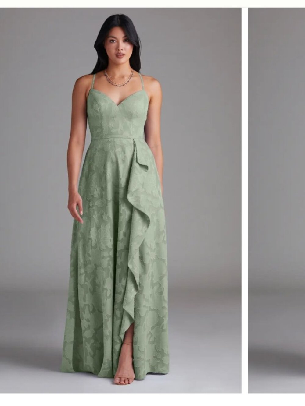 Azazie Sage Green Floral Burnout Textured W Spaghetti Strap Long Dress - Size 18